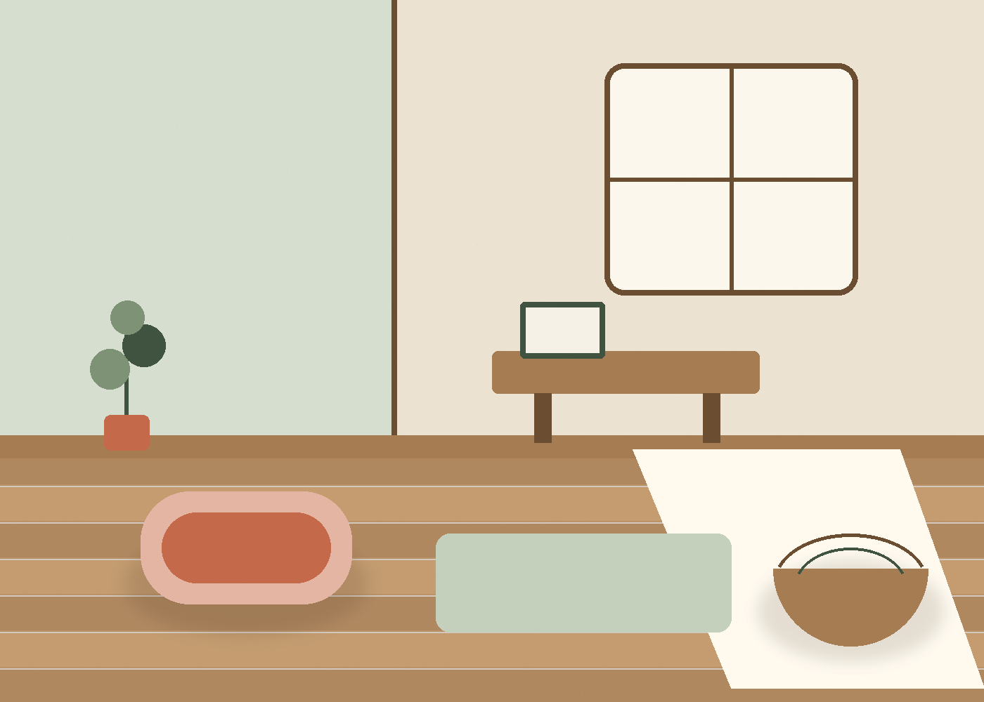 Illustration of a quiet room corner with a cushion, a low shelf, a plant, and a window.