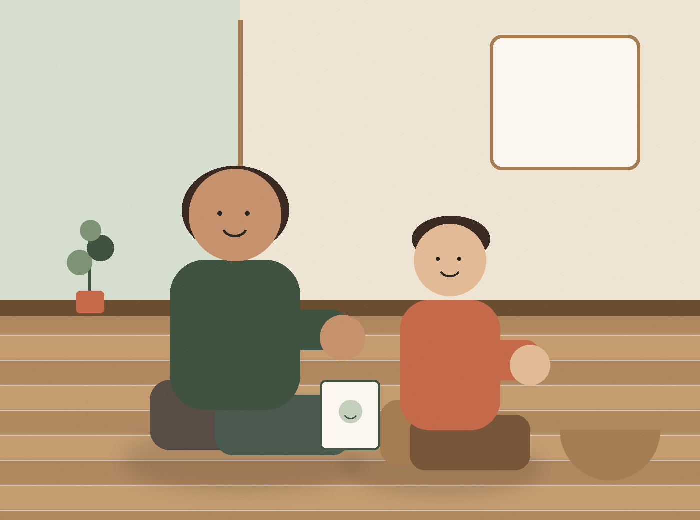 Illustration of a parent and child sitting together on a wood floor, sharing a small card. Both are calm.